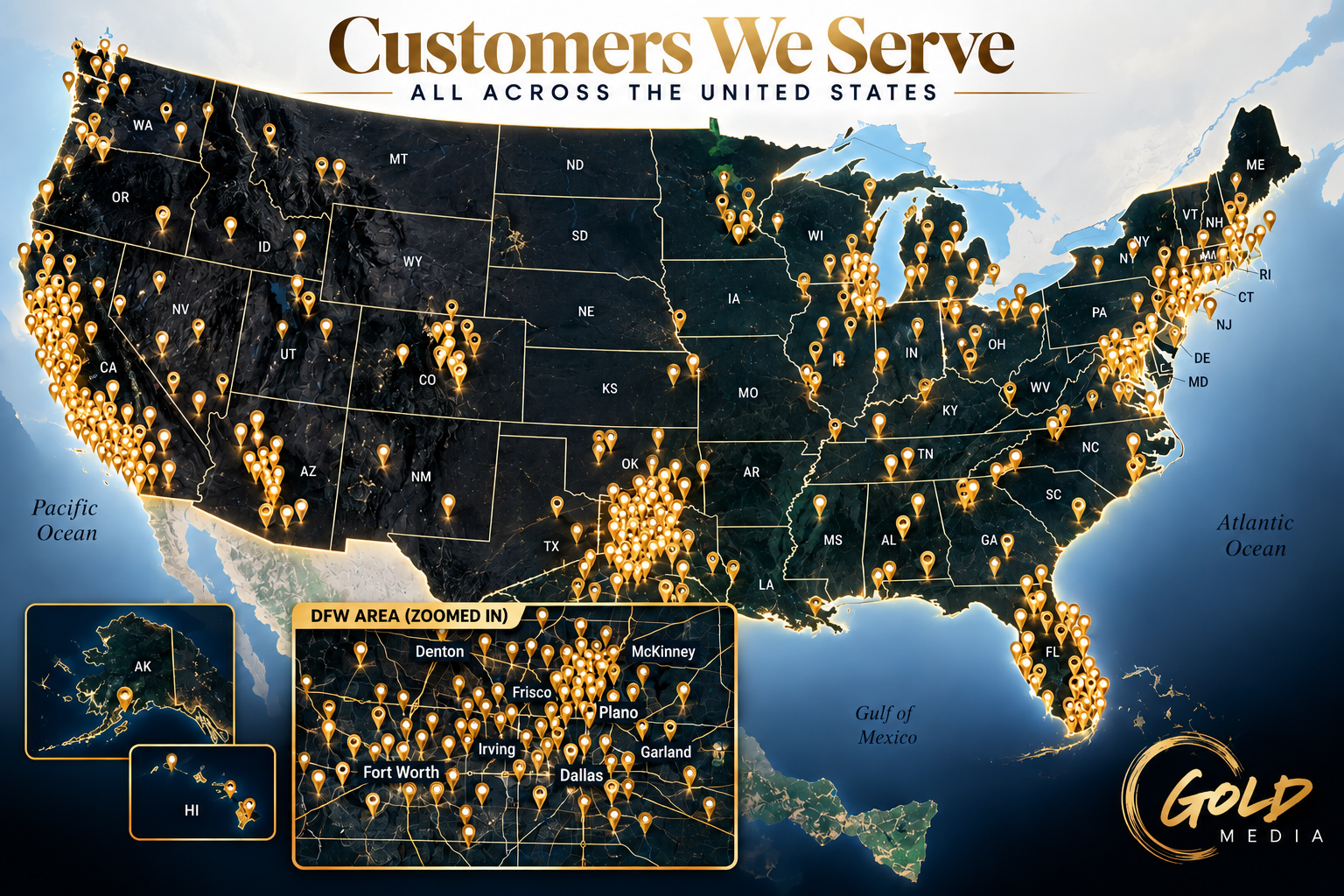Map of Gold Media customers across the United States