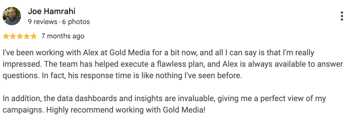 5-star Google review from Joe Hamrahi