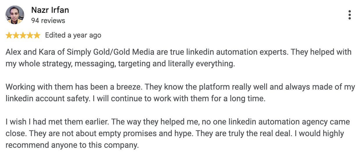 5-star Google review from Nazr Irfan