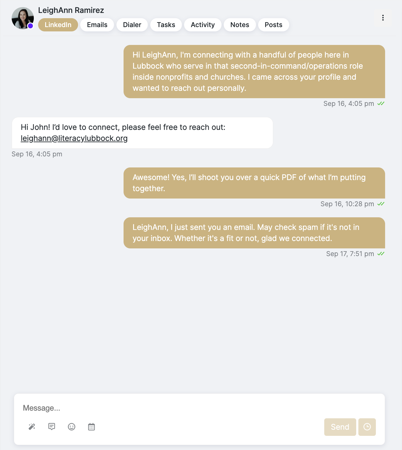 LinkedIn conversation with LeighAnn Ramirez